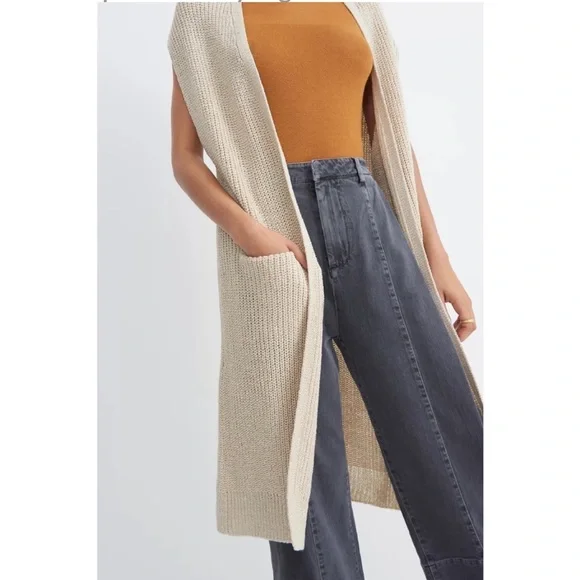 New ANTHRO AKEMI + KIM Tan Cream Kimono Long Nell Sleeveless Knit Cardi Vest